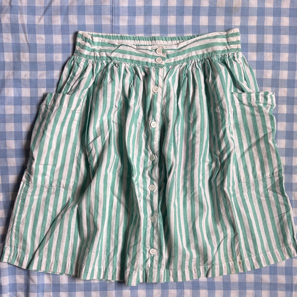 Vintage Striped Button-Front Green & White Cotton Skirt
